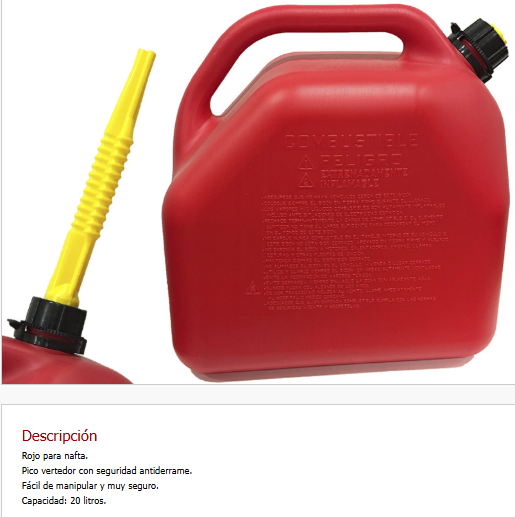 Bidon Antiventeo 20 Lts c/pico vertedor Rojo p/Nafta