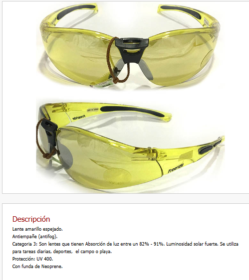 Gafa Amarilla - Lente Amarilla Espejada. Antiempañe (antifog) - Categoria 3*. Proteccion UV 400 Con funda de Neoprene