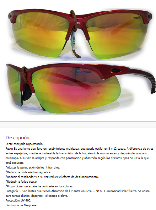 Gafa Roja Metalizada con Negro - Lente Espejado Rojo/Amarillo. Revo*.  Categoria 3*. Proteccion UV 400 Con funda de Neoprene