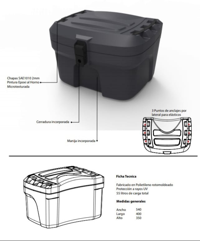 Baul Top case Moto  utv  Capacidad 54lt
