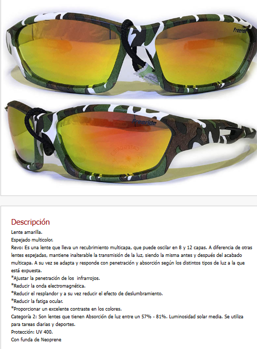 Imagen ilustrativa de Gafa Camuflada - Lente Amarilla Espejado Multicolor. Revo*.  Categoria 2*. Proteccion UV 400 Con funda de Neoprene